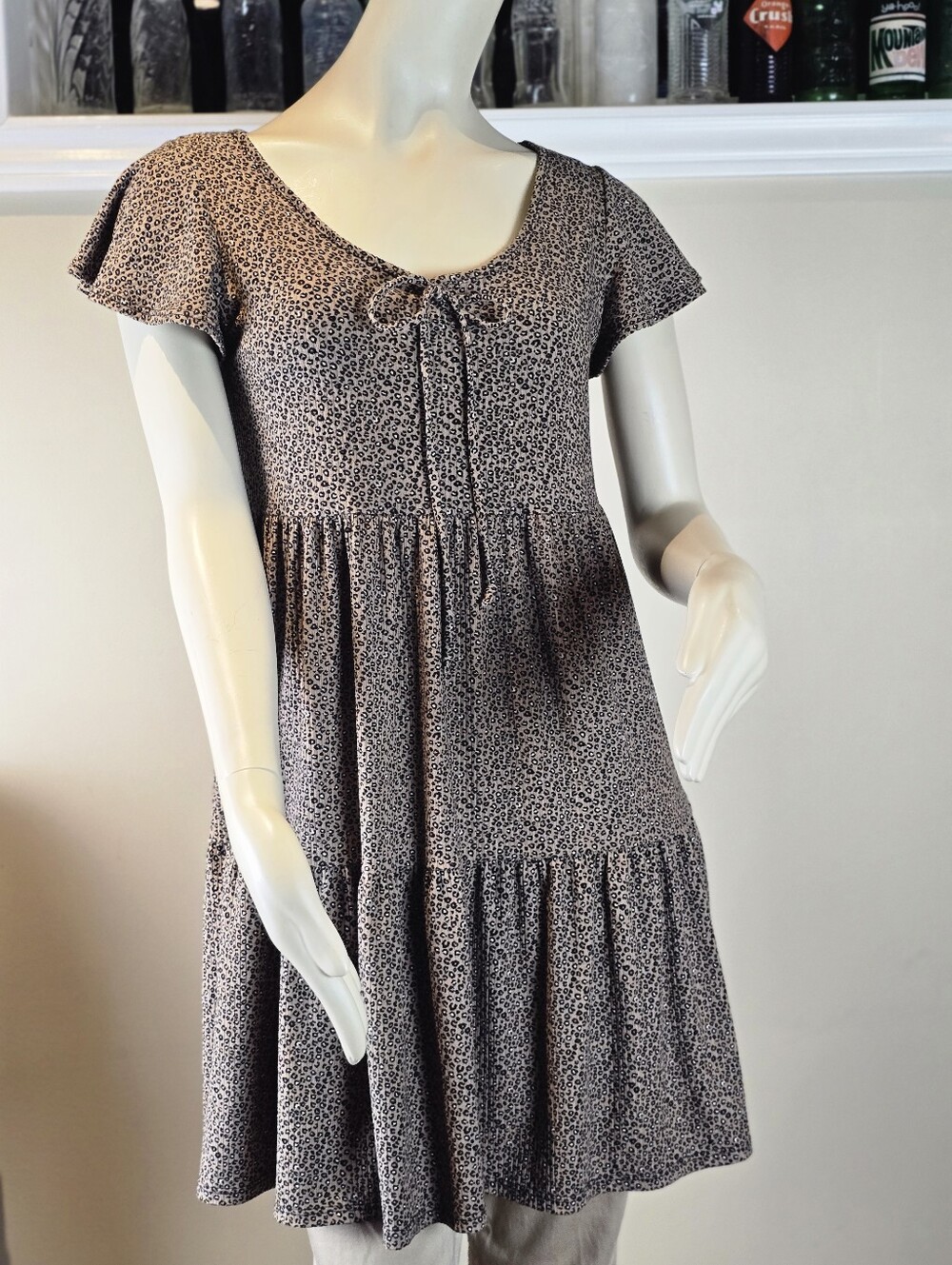 Jessica Simpson Leopard Print Tiered Babydoll Mini Dress Flutter Sleeve Size L